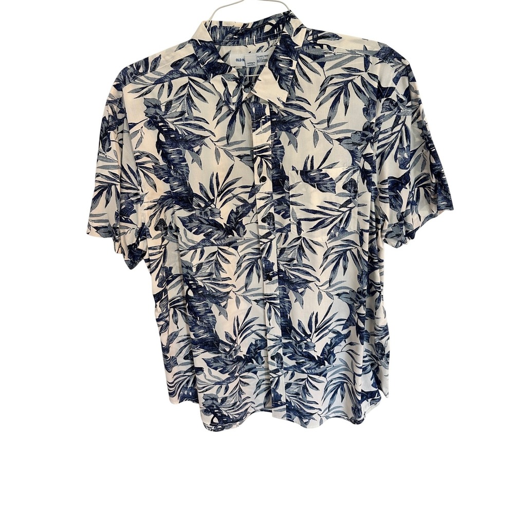 Old Navy Button Down Mens XL Blue Tropical The Classic Shirt Slim Built-In Flex